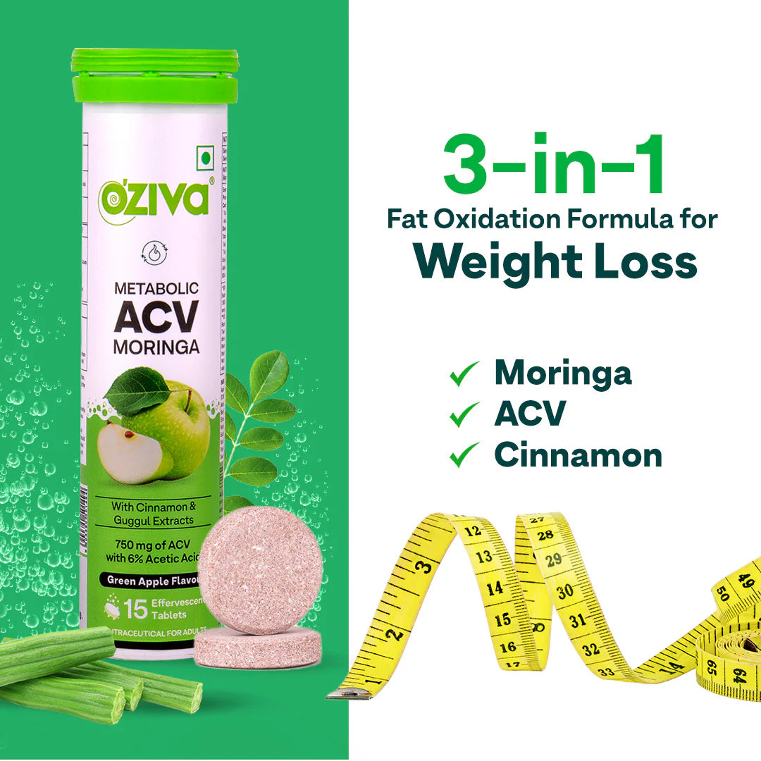 ACV (Apple Cider Vinegar) Moringa For Weight Loss | 3-in-1 Fat Oxidation Formula I No Maltodextrin , No Added Sugar | 15 Effervescent Tablets - Green apple, Pack of 4 (60 Tablets)