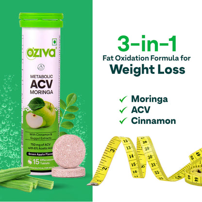 ACV (Apple Cider Vinegar) Moringa For Weight Loss | 3-in-1 Fat Oxidation Formula I No Maltodextrin , No Added Sugar | 15 Effervescent Tablets - Green apple, Pack of 4 (60 Tablets)